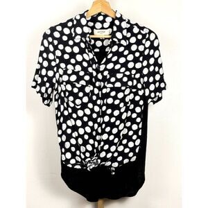 Porridge Anthropologie High Low Tie-Waist S/S Top Polka Dot Sz XS Black & White